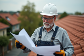 Homme en tenue de chantier étudie des documents de rénovation sur un toit résidentiel