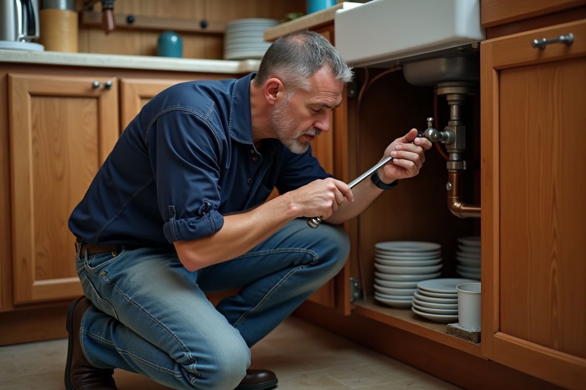 Homme d'âge moyen inspectant des tuyaux en cuivre dans la cuisine