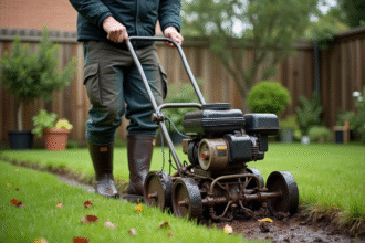Homme d'âge moyen utilisant un scarificateur dans un jardin humide