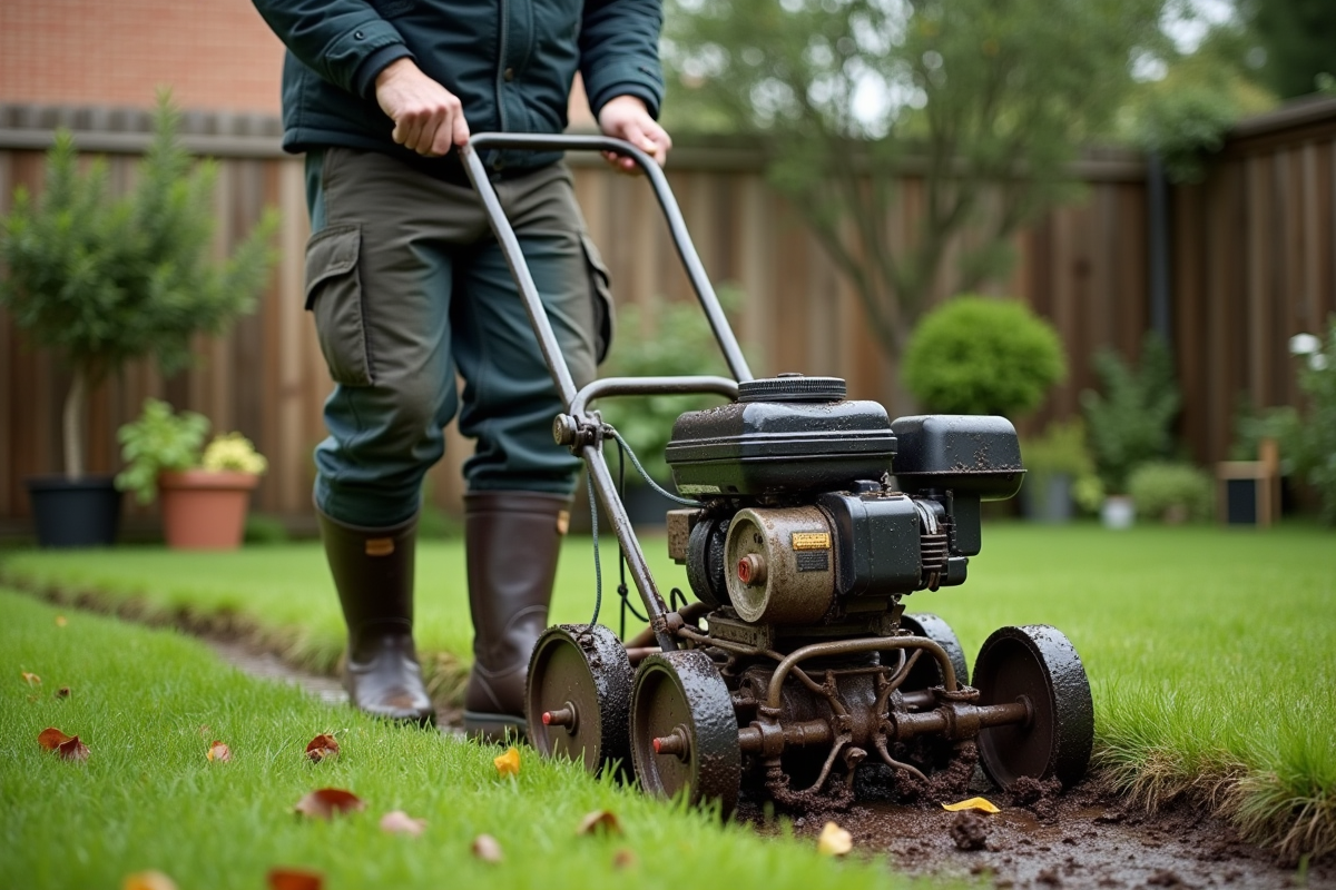 Homme d'âge moyen utilisant un scarificateur dans un jardin humide