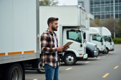 Homme vérifiant un camion de déménagement en ville