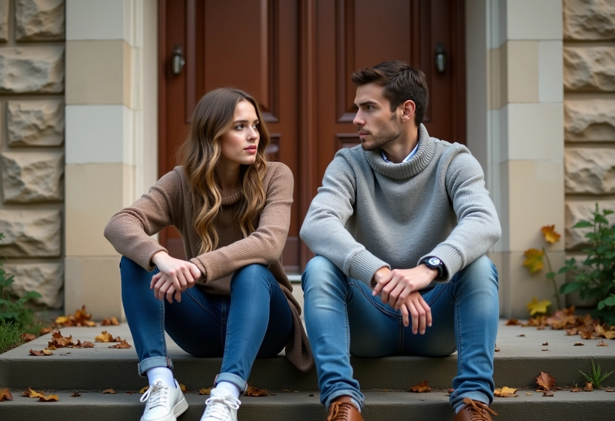 Un jeune couple assis sur les marches devant une maison en pierre
