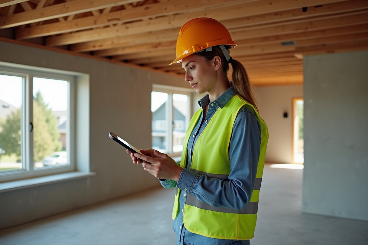 Jeune ingénieure dans une maison en construction