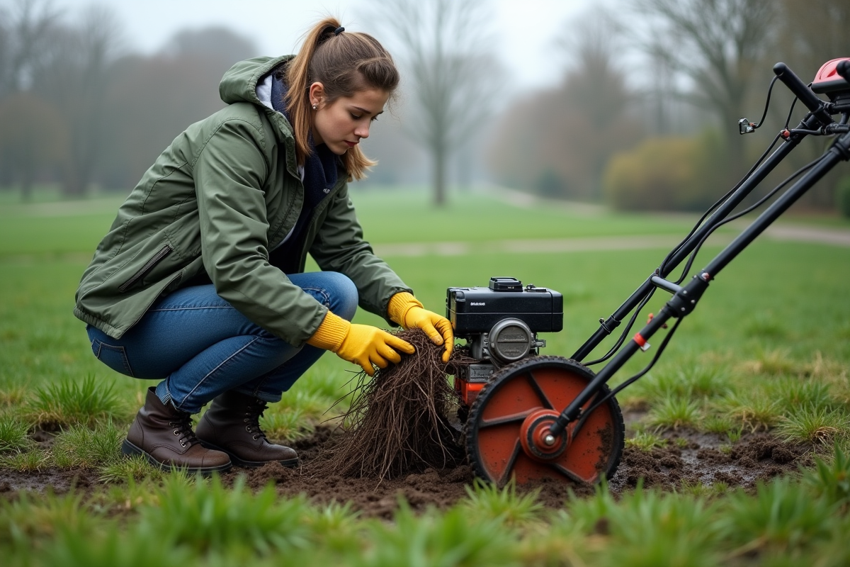 Jeune femme en vêtements de jardin inspectant le sol humide