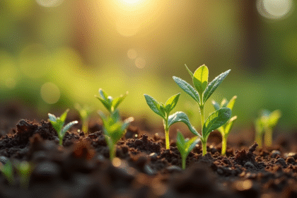 Tapis d'herbe verte et jeunes pousses au matin