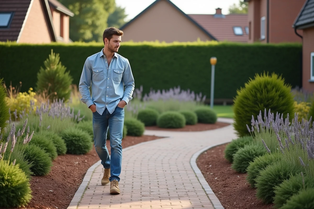 Jeune homme marchant sur un chemin en brique dans un jardin