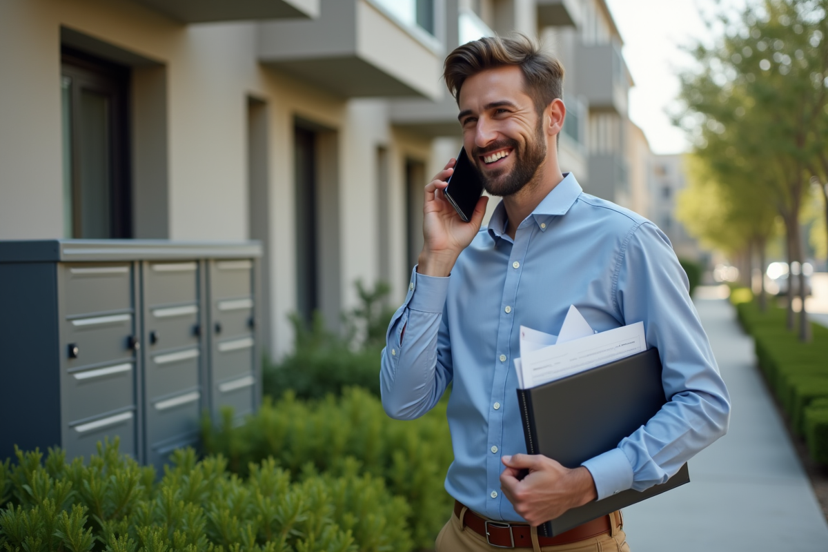 Jeune homme parlant au téléphone devant son immeuble résidentiel