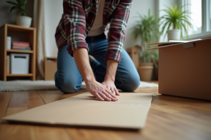 Jeune homme plie une boîte de déménagement dans un appartement