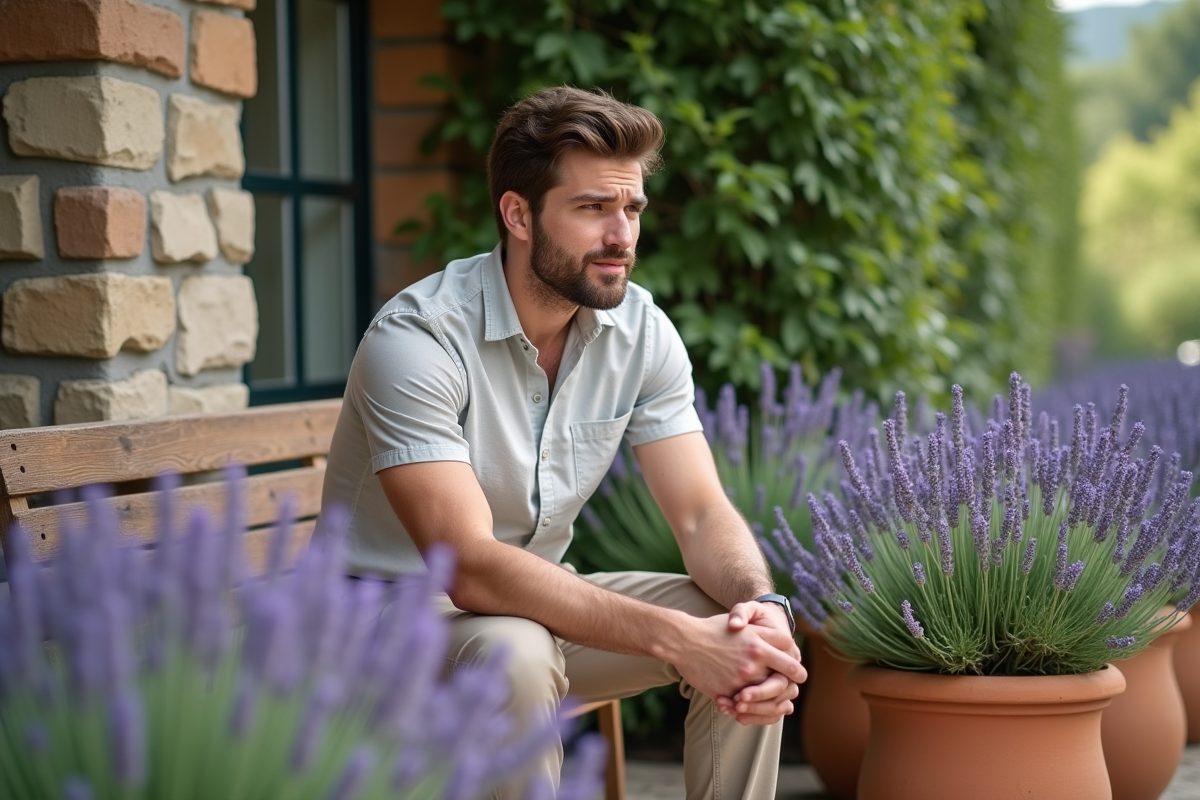 Jeune homme assis sur un banc avec lavande en parfumant