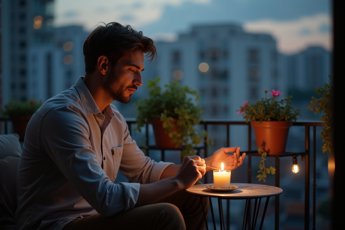 Jeune homme allumant une bougie sur un balcon urbain en soirée