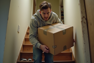 Jeune homme en difficulté portant un carton dans un escalier