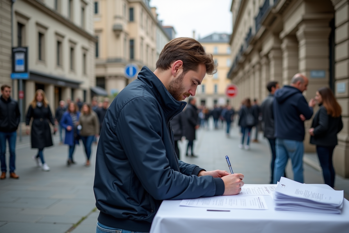 Jeune homme remplissant des papiers dans une place urbaine historique