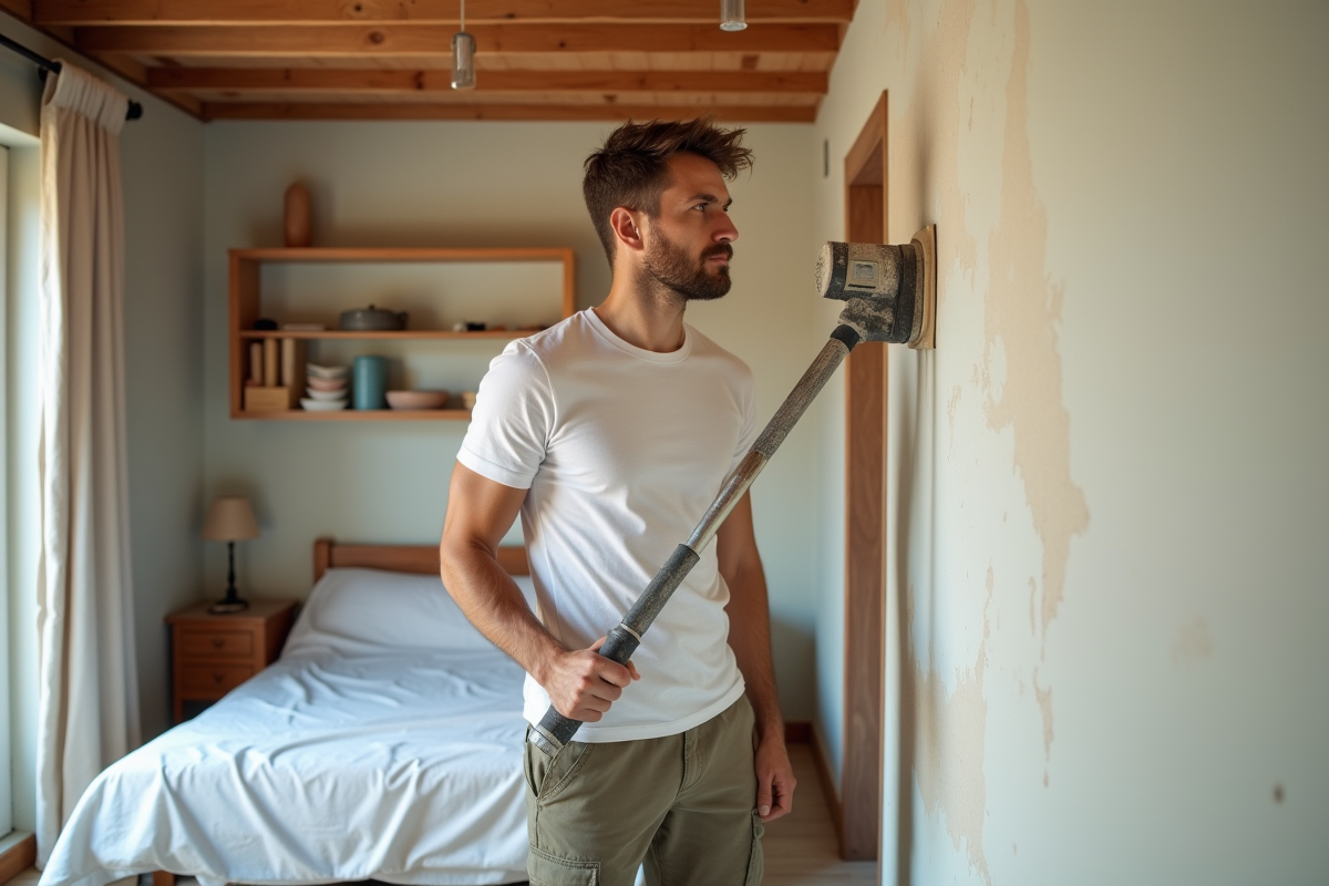 Jeune homme en t-shirt ponçant un mur de chambre