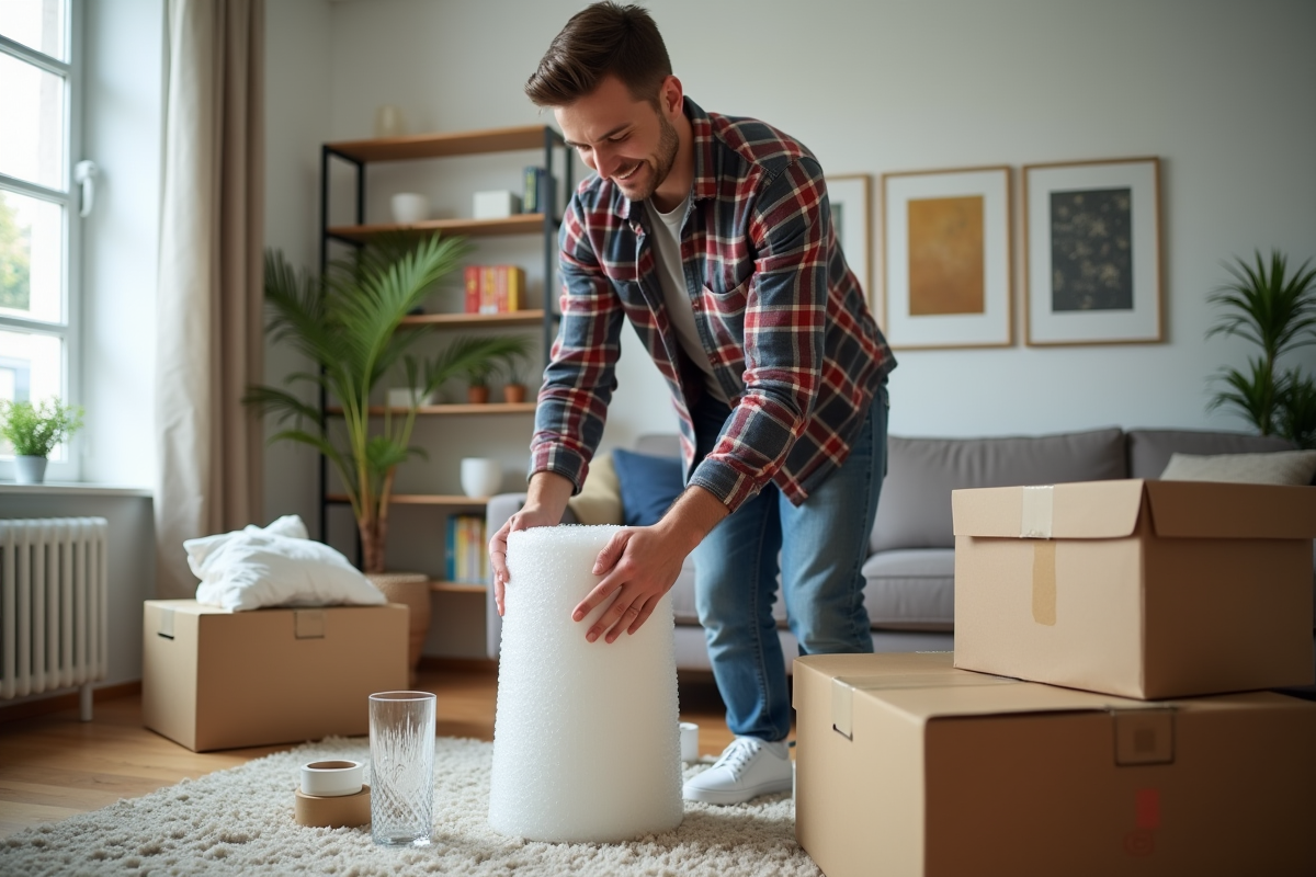 Jeune homme protégeant un verre en cristal avec du papier bulle