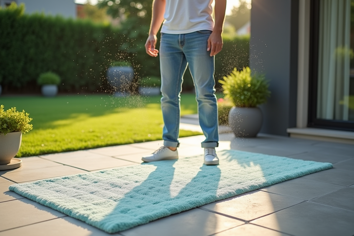 Jeune homme secouant un tapis de bain dans le jardin