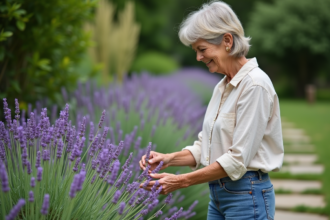 Femme en jeans et blouse en lin tond la lavande dans son jardin