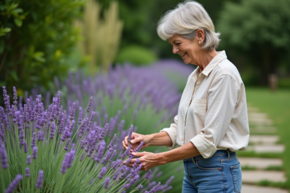 Femme en jeans et blouse en lin tond la lavande dans son jardin