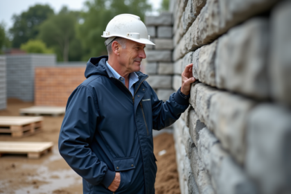 Ouvrier en casque examine un mur en pierre en extérieur