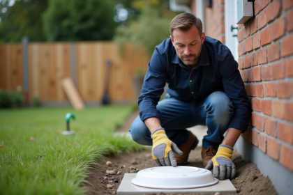 Ouvrier pointant une bouche d'aération neuve devant la maison