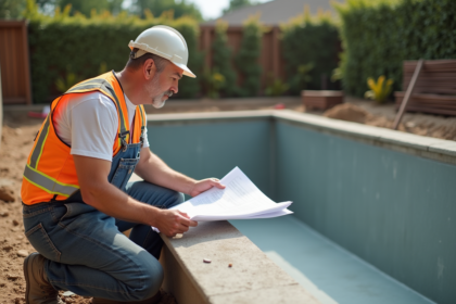Ouvrier en tenue de chantier vérifiant plans près d'une piscine en béton