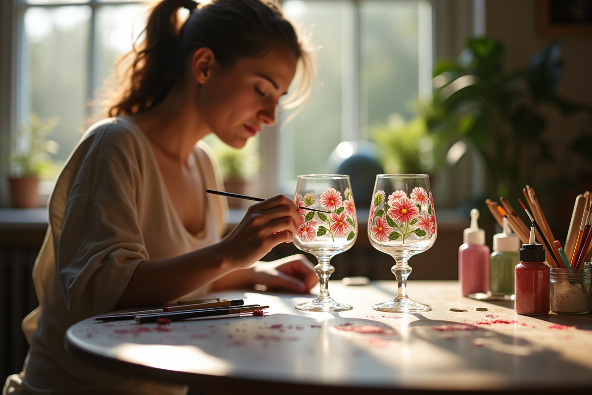 Personne peignant des motifs floraux sur des verres à l'aide de pinceaux fins