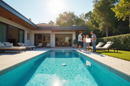 Piscine moderne dans un jardin familial ensoleille