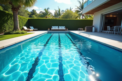 Piscine extérieure moderne dans un jardin ensoleillé avec eau bleue