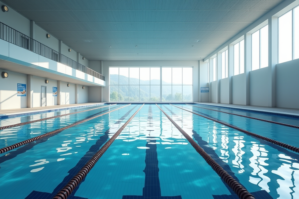 Piscine olympique intérieure avec lignes vides et lumière naturelle