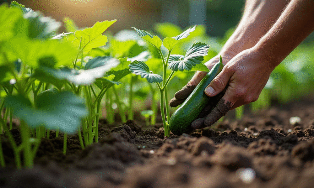 Personne plantant des concombres trop proches dans le jardin