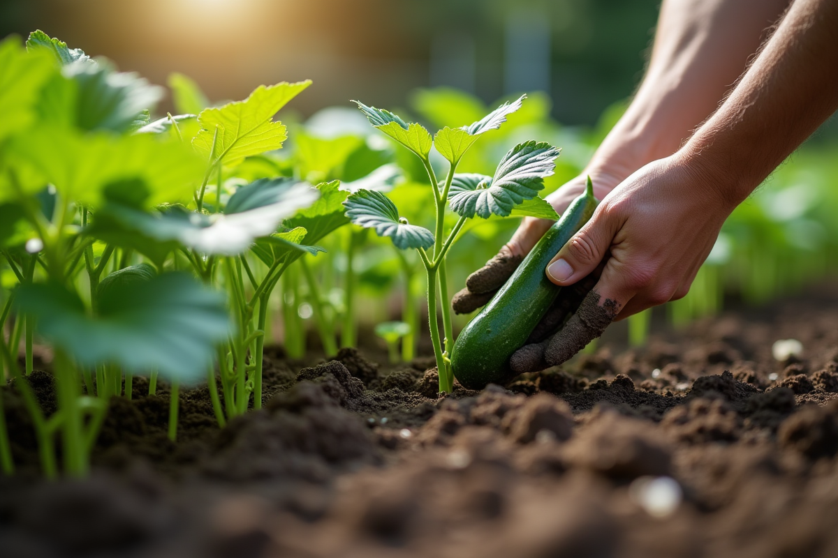 Personne plantant des concombres trop proches dans le jardin