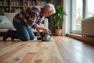 Homme en jeans et chemise à carreaux ponçant un parquet