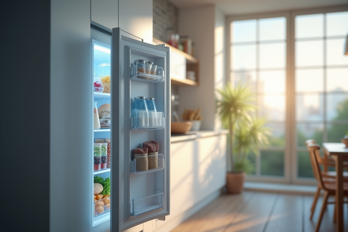 Porte de freezer entrouverte dans une cuisine moderne