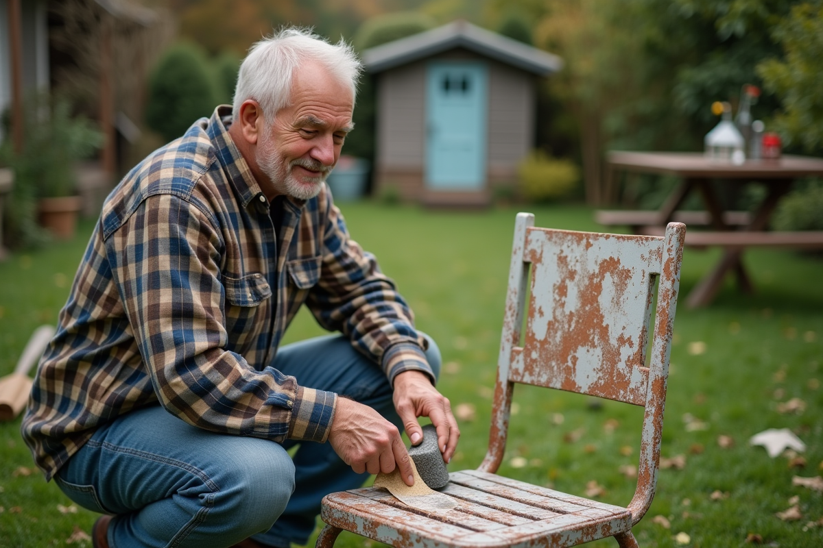Homme âgé ponçant une chaise de jardin en métal