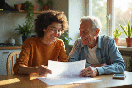 Jeune et personne agee souriants devant documents de location