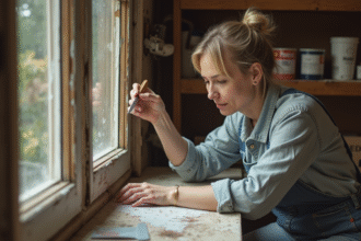 Femme d'âge moyen réparant une fenêtre en bois ancienne