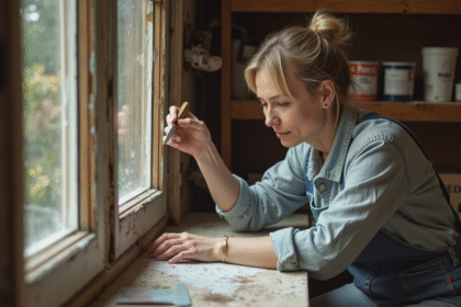 Femme d'âge moyen réparant une fenêtre en bois ancienne