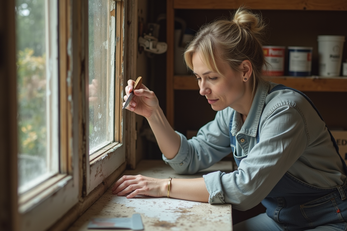 Femme d'âge moyen réparant une fenêtre en bois ancienne