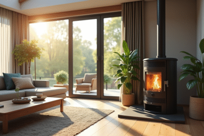 Salon familial moderne avec poele a granulés en marche