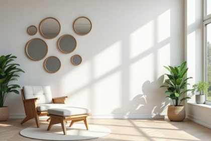 Salon moderne avec miroirs ronds et plantes vertes