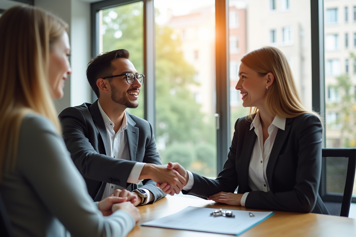 Femme d affaires serrant la main d un jeune couple dans un bureau lumineux
