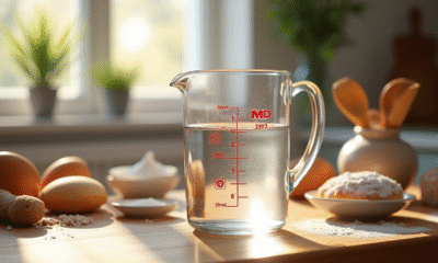 Verre mesureur avec 350 ml d'eau sur une table en bois
