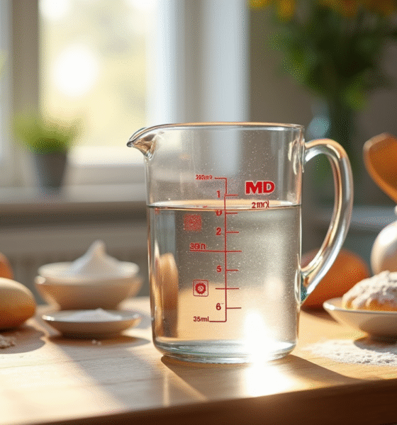 Verre mesureur avec 350 ml d'eau sur une table en bois
