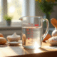 Verre mesureur avec 350 ml d'eau sur une table en bois