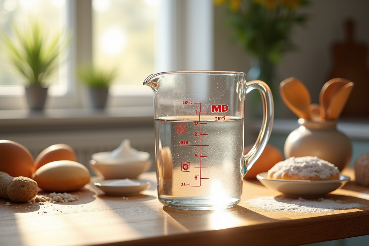 Verre mesureur avec 350 ml d'eau sur une table en bois
