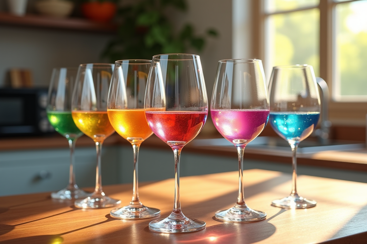 Verres à vin colorés peints à la main sur une table en bois